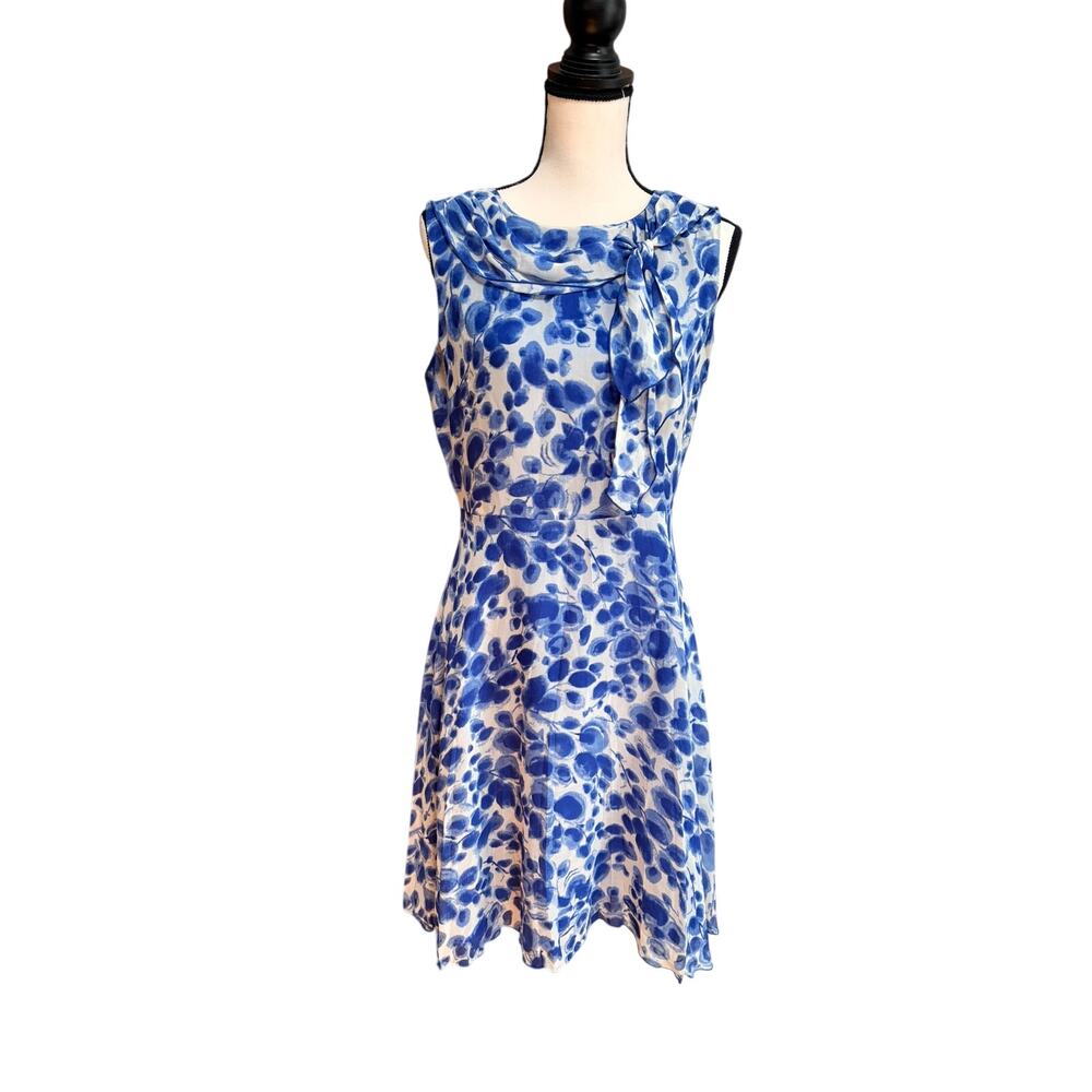 Anna Sui Women's 8 Blue White Silk Chiffon Watercolor Fit Flare Dress